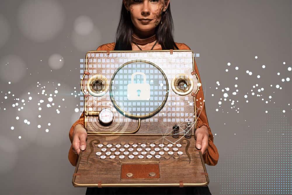 Steampunk girl with tricked out laptop