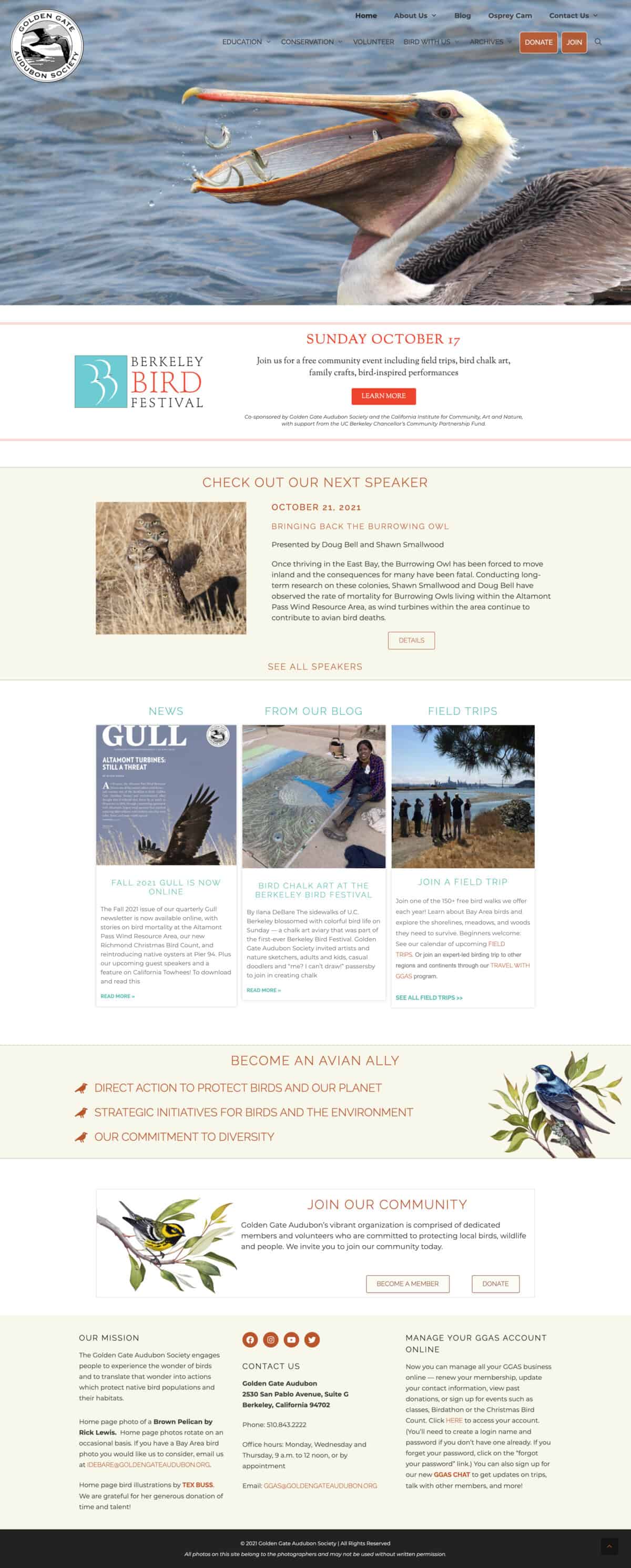 Image of full homepage layout of the Golden Gate Audubon Society website